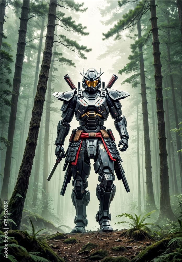 Fototapeta premium robot Ninja Samurai Warrior - Black Warrior forest 