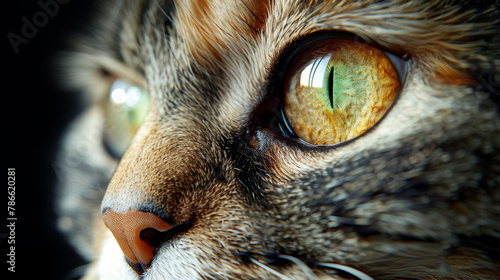  A tight shot of a feline eye, displaying yellow and green irises