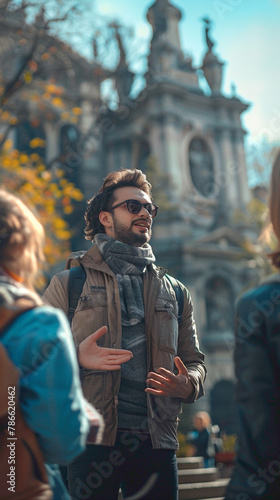 A Tour Guide Sharing insights, anecdotes, and historical facts about tour destinations with visitors, realistic people photography