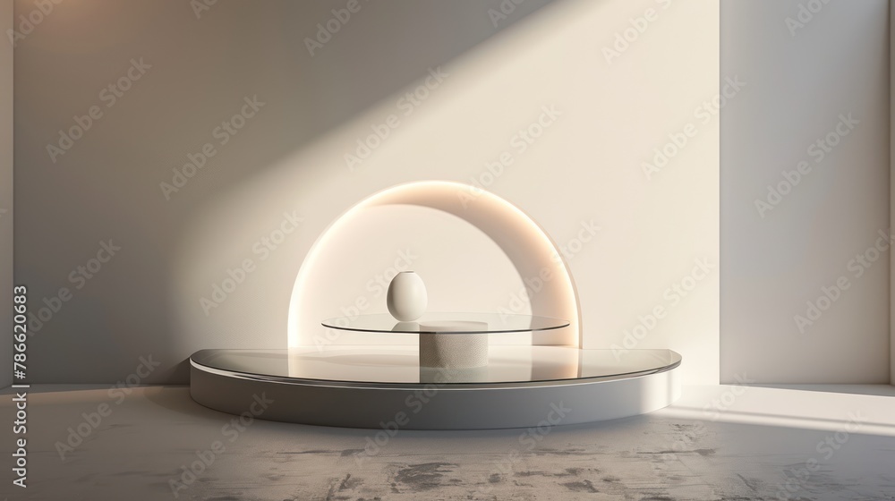 Empty white marble quartz room with a polished pedestal in the center. Mockup for product advertising Empty white marble quartz room with a polished pedestal in the center. Mockup for product advertising
