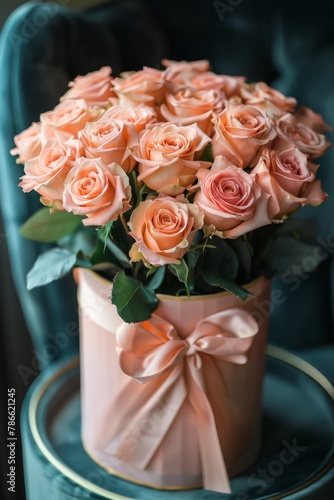 A luxurious arrangement of peach roses in a decorative box  perfect for elegant home decor and gifting.