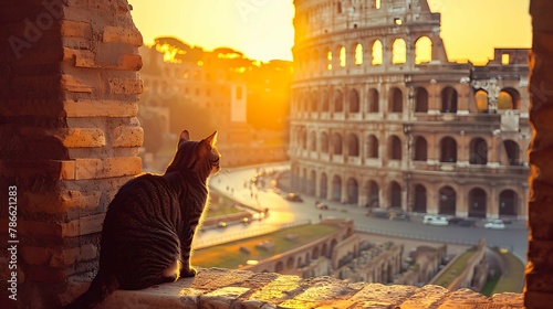 cat on the top of the colosseum photo