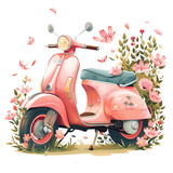 vintage scooter Filled with bouquets of brightly colored wildflowers.