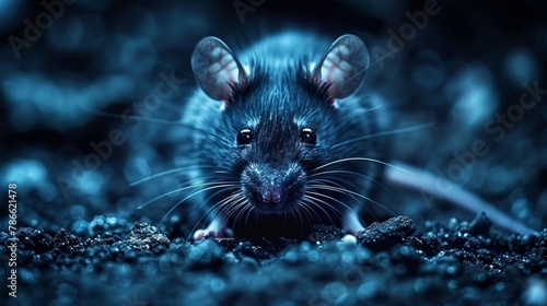   A tight shot of a rat on the ground, background featuring a hazy rat face © Anna