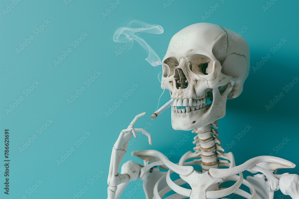 Human skeleton smoking a cigarette on a blue background symbolizes the harm smoking does to the body Human skeleton smoking a cigarette on a blue background symbolizes the harm smoking does to the body