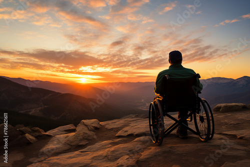 Image of wheelchair user appreciating beautiful landscape adventure and exploration regardless of disability generative AI photo