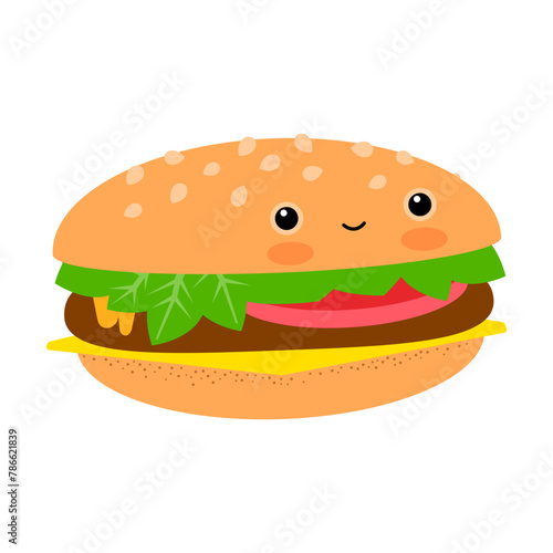 Hamburger, cheeseburger, vector illustration design in Japanese kawaii style (ID: 786621839)