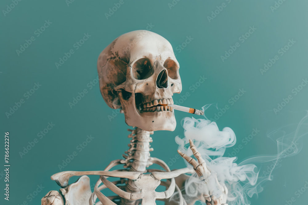 Human skeleton smoking a cigarette on a blue background symbolizes the harm smoking does to the body Human skeleton smoking a cigarette on a blue background symbolizes the harm smoking does to the body