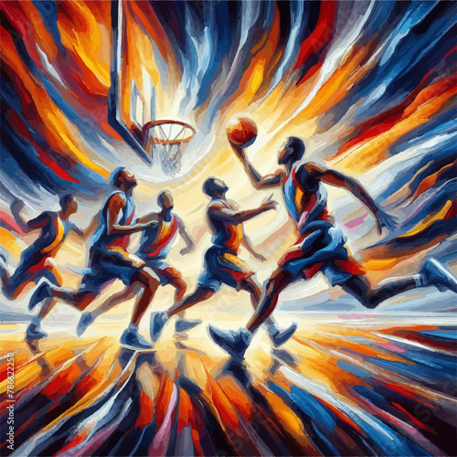 Basketball players running to score, digital illustration