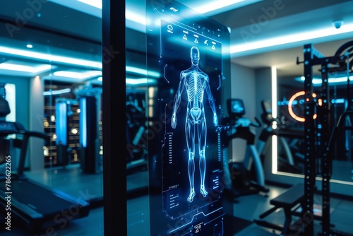 Futuristic gym with advanced body scanning technology for fitness enthusiasts