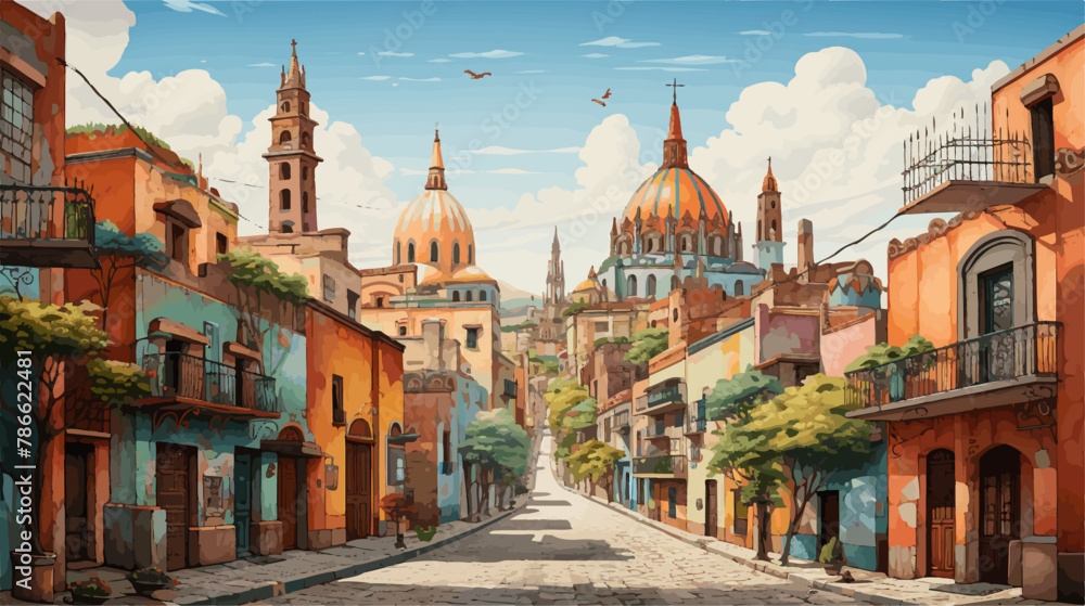 Sketch drawing  of a hispanic city at day, beautiful scene