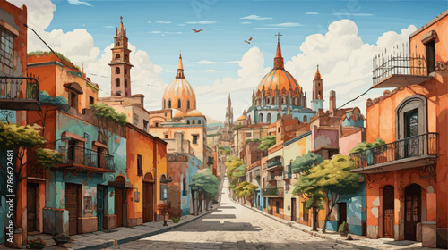Sketch drawing of a hispanic city at day, beautiful scene