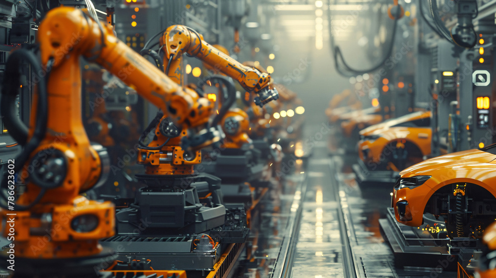 Futuristic electric car automated robot arm assembly line manufacturing
