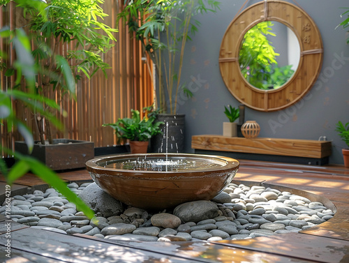 A serene scene of a beautifully arranged living space with feng shui elements like bamboo plants a water fountain