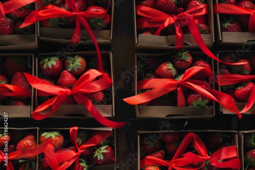 Elegant gift boxes of fresh strawberries tied with bright red satin ribbons.