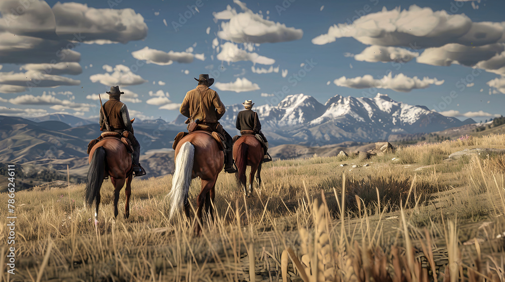 Rugged Cowboys: Riding Horses Amidst Mountain Vistas Rugged Cowboys: Riding Horses Amidst Mountain Vistas