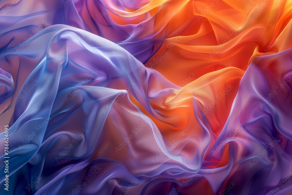 Obraz premium Abstract background with colorful waves of fabric in orange, blue and purple colors. Abstract fluid art concept. Digital illustration with high resolution