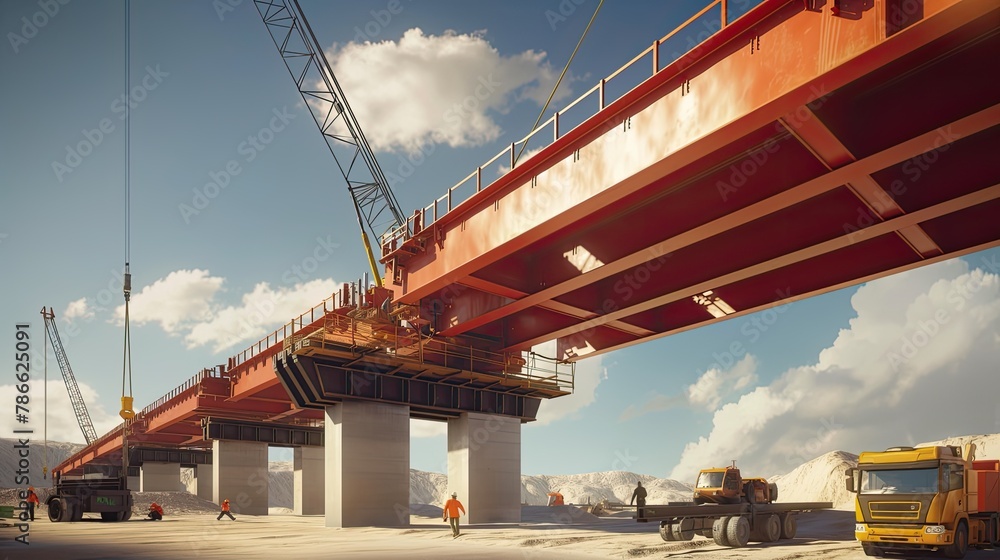 transporting large construction equipment as workers reinforce a bridge to accommodate the weight, capturing the intricate process with precision and expertise.