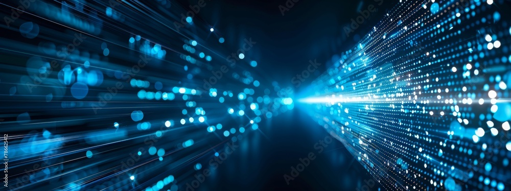 Abstract blue digital technology background with glowing tunnel effect.