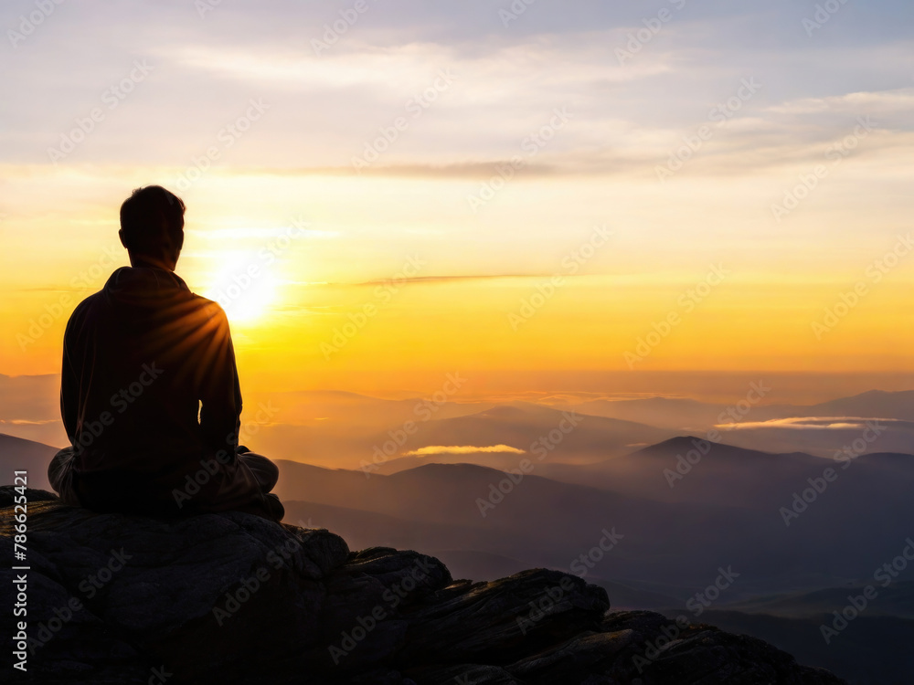 Silhouette of a monk seated atop a mountain peak at sunrise, with the sun rising behind, casting a dramatic contrast of light and shadow, embodying serenity, enlightenment, and spiritual connection