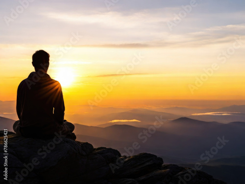Silhouette of a monk seated atop a mountain peak at sunrise, with the sun rising behind, casting a dramatic contrast of light and shadow, embodying serenity, enlightenment, and spiritual connection