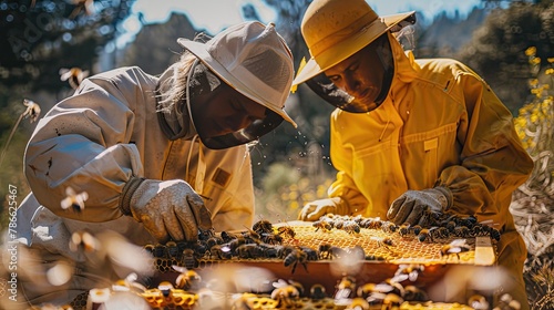 a male and a female, both clad in beekeeper suits and white beehive hats, delicately handle honeycomb frames teeming with bees, showcasing the partnership and harmony between humans and nature