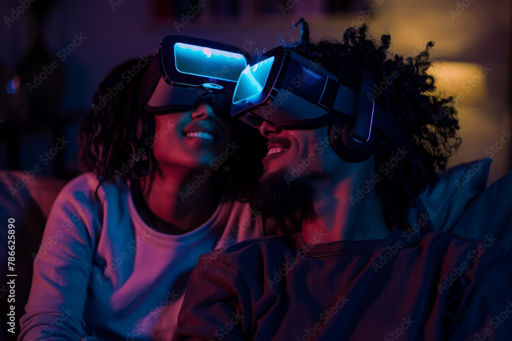 Smiling couple with VR headsets looking up Smiling couple with VR headsets looking up
