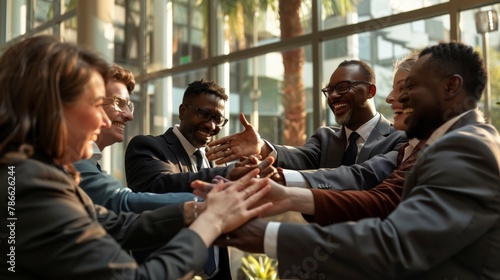The large business center has a cheerful atmosphere: business people greet colleagues, smiling and exchanging greetings in the form of friendly hugs and handshakes. Teamwork, teamwork