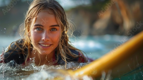 Wave rider's essence: portrait of a woman surfing - depicting the beauty and determination of a woman immersed in the exhilarating world of surfing, embracing thrill of the sea and her own strength.