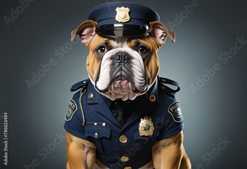 bulldog dressed as a police officer with abstract letters-like design on its clothes in bright colours  photo