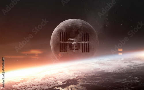 3D illustration of International space station near Earth. High quality digital space art in 5K - realistic visualization