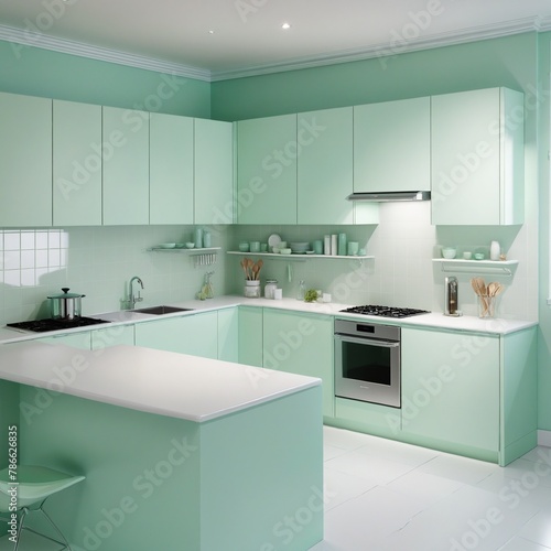 Kitchen in neo mint color in bright colours 