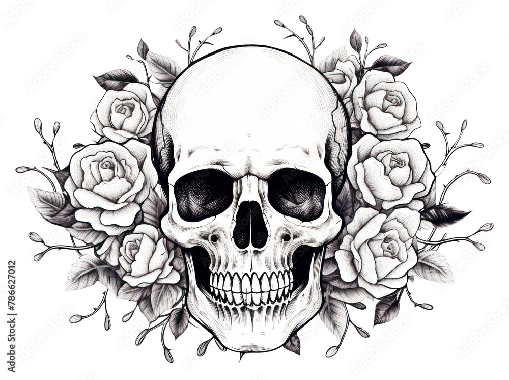 Fototapeta premium PNG Illustration of skull with roses drawing sketch illustrated