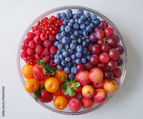 A bowl of fruit with apples  oranges  and blueberries. The bowl is full of fruit and is placed on a white surface