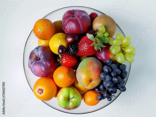 A bowl of fruit with apples  oranges  grapes  and strawberries. The bowl is full and colorful  and the fruit is fresh and ripe. Concept of abundance and health  as well as the idea of enjoying fresh