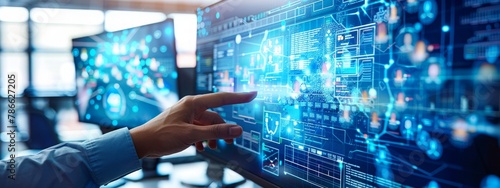 Digital transformation concept. System engineering. Binary code. Programming. a person touching a big screen in a bright office with floating icons around and charts to imagine digital transformation photo