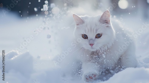 White Napoleon cat playing and patrolling outside in the snow