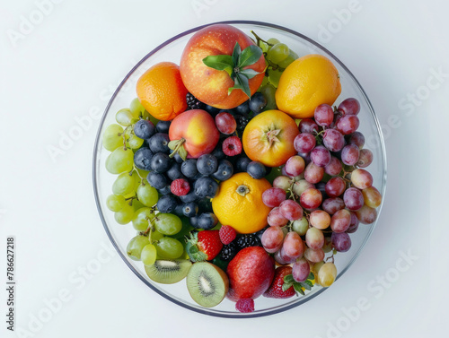 A bowl of fruit with a variety of fruits including apples  oranges  grapes  and kiwis