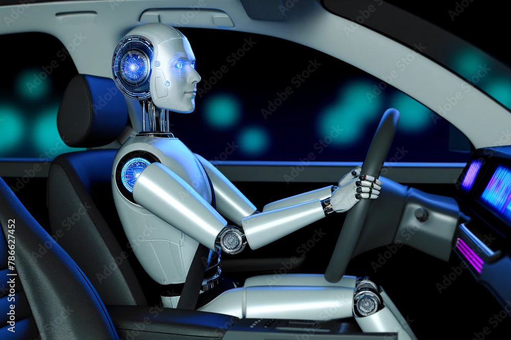 robot driving a car with futuristic interior design