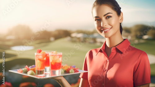 Portrait of a young woman waitress with a tray of cocktails and soft drinks. Summer day, golf course. AI generated.