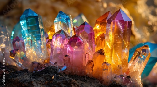 Giant crystals of different colors and irregular shapes all sparkling and reflecting beautiful light.