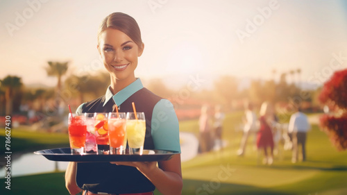 Portrait of a young woman waitress with a tray of cocktails and soft drinks. Summer day, golf course. AI generated.