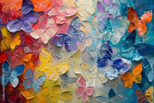 Abstract oil painting of colorful butterflies on canvas, with an impasto texture and detailed style. The painting is in the style of an abstract oil painting with colorful butterflies on canvas