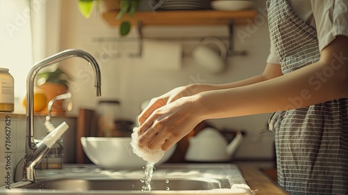 dishwashing in a white modern kitchen, focusing on the close-up of a woman's hands and arms as she meticulously cleans the scene. photo