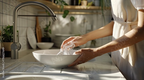 dishwashing in a white modern kitchen, focusing on the close-up of a woman's hands and arms as she meticulously cleans the scene.