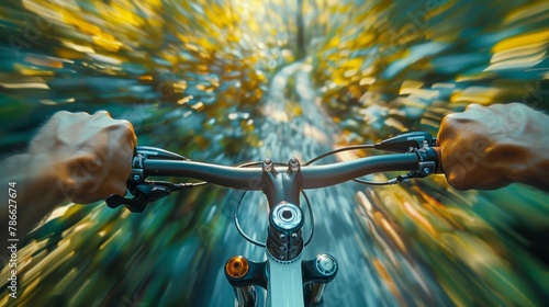 Dynamic Cycling Adventure: Male Cyclist Speeding Through Autumnal Forest Trail at Dusk