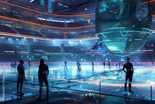 Spectators watching a futuristic sports game in a VR arena