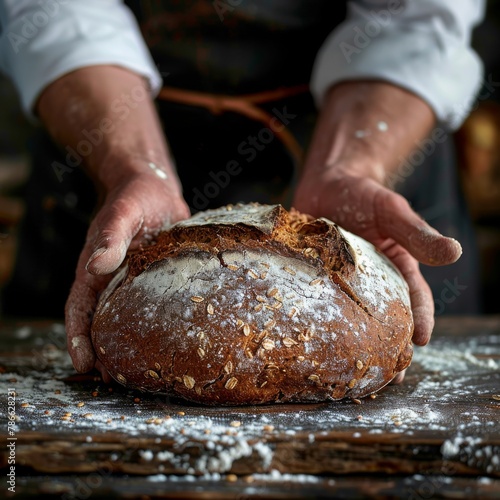 Baker holding freshly baked wholegrain bread. Rustic style food photography with a focus on traditional baking. Artisanal bakery and homemade bread concept.