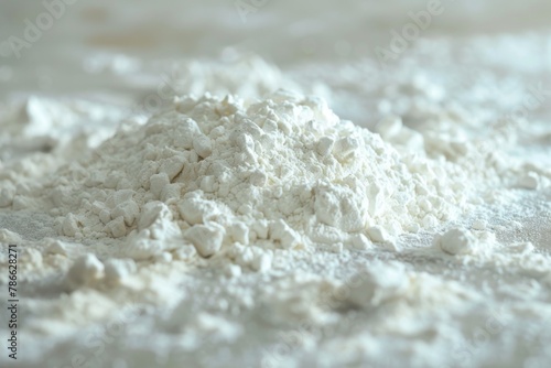 Close-up view revealing the fine texture of baking flour. Macro photography capturing the details of sifted flour. Ideal image for culinary and baking themes.
