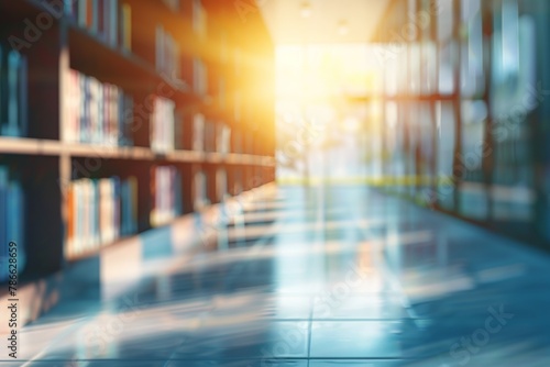 Sunlight streaming through a modern library interior with out-of-focus bookshelves. Architectural design photography with copy space. Education and knowledge concept.